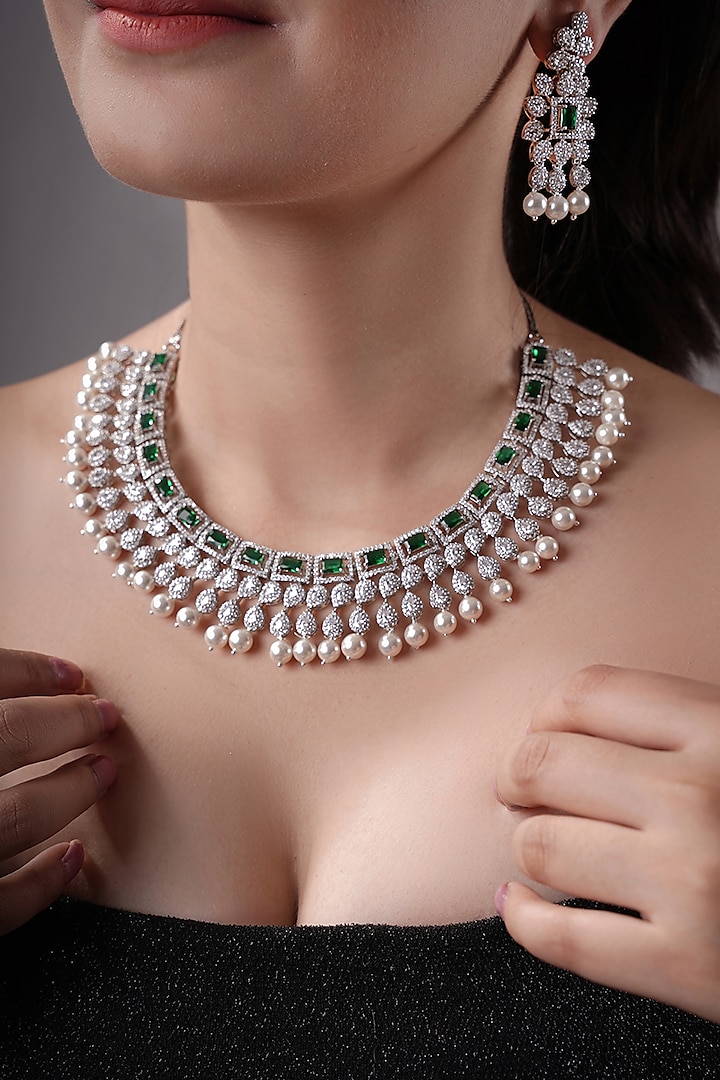 White Rhodium Finish American Diamond & Green Stone Handcrafted Necklace Set by XAGO at Pernia's Pop Up Shop