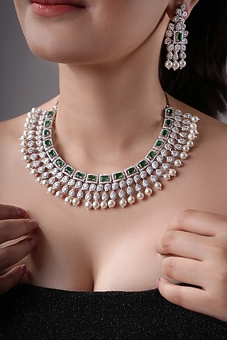 White Rhodium Finish American Diamond & Green Stone Handcrafted Necklace Set by XAGO