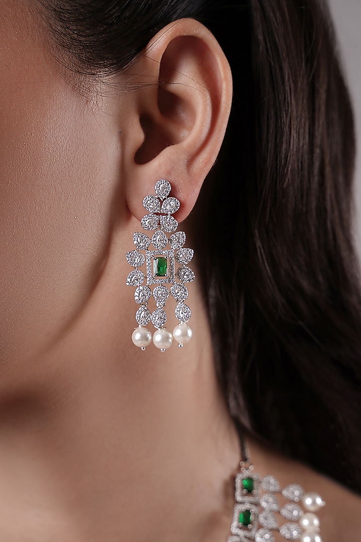 White Rhodium Finish American Diamond & Green Stone Handcrafted Necklace Set by XAGO at Pernia's Pop Up Shop