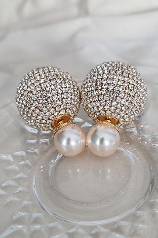Gold Finish Zirconia & Pearl Dual Stud Earrings by Xxessories