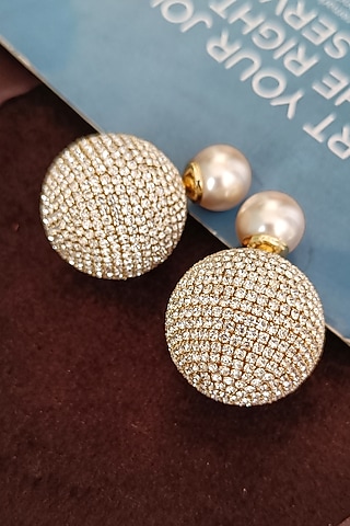 Gold Finish Zirconia & Pearl Dual Stud Earrings by Xxessories