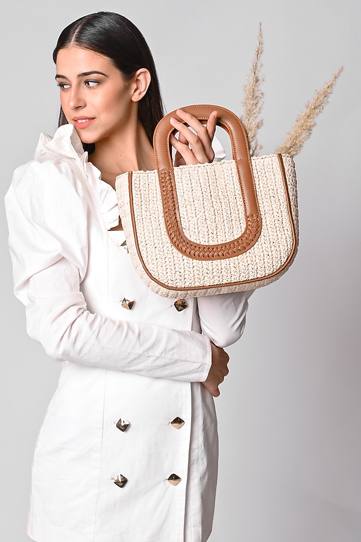 Beige Natural Raffia & Leather Tote Bag by X FEET ABOVE