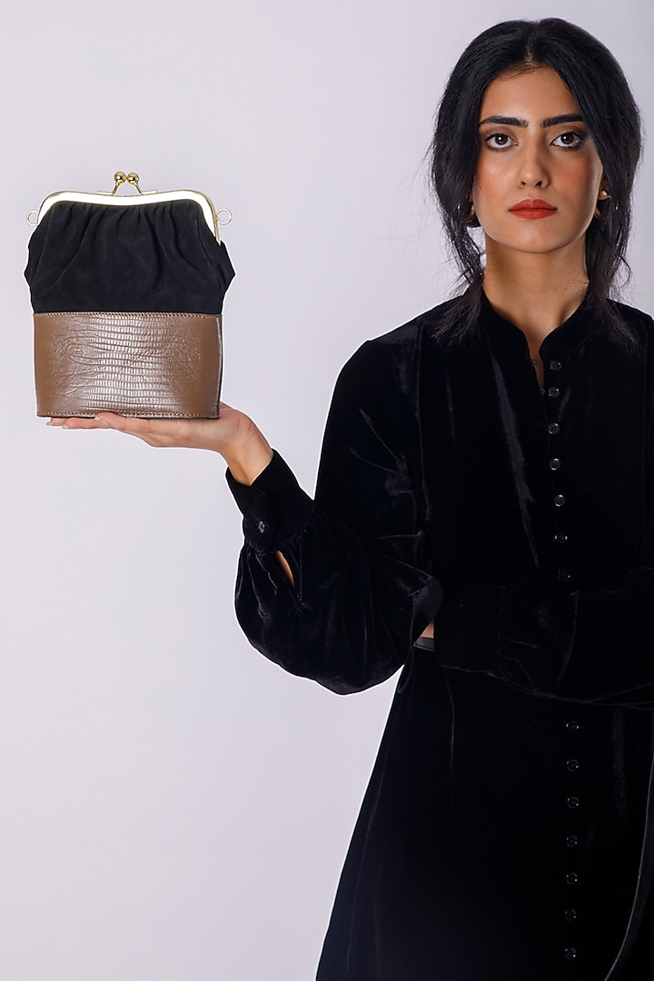 Black Leather & Suede Printed Clutch by X FEET ABOVE at Pernia's Pop Up Shop