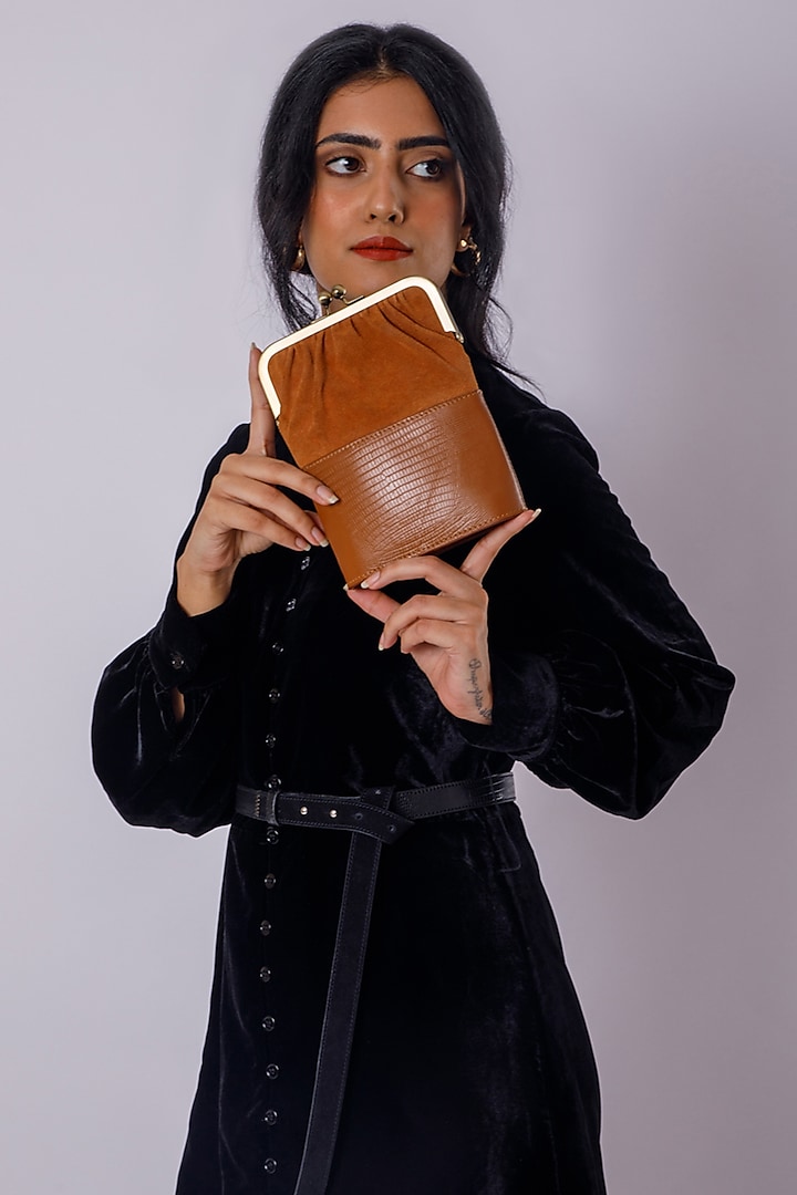 Brown Leather & Suede Printed Clutch by X FEET ABOVE