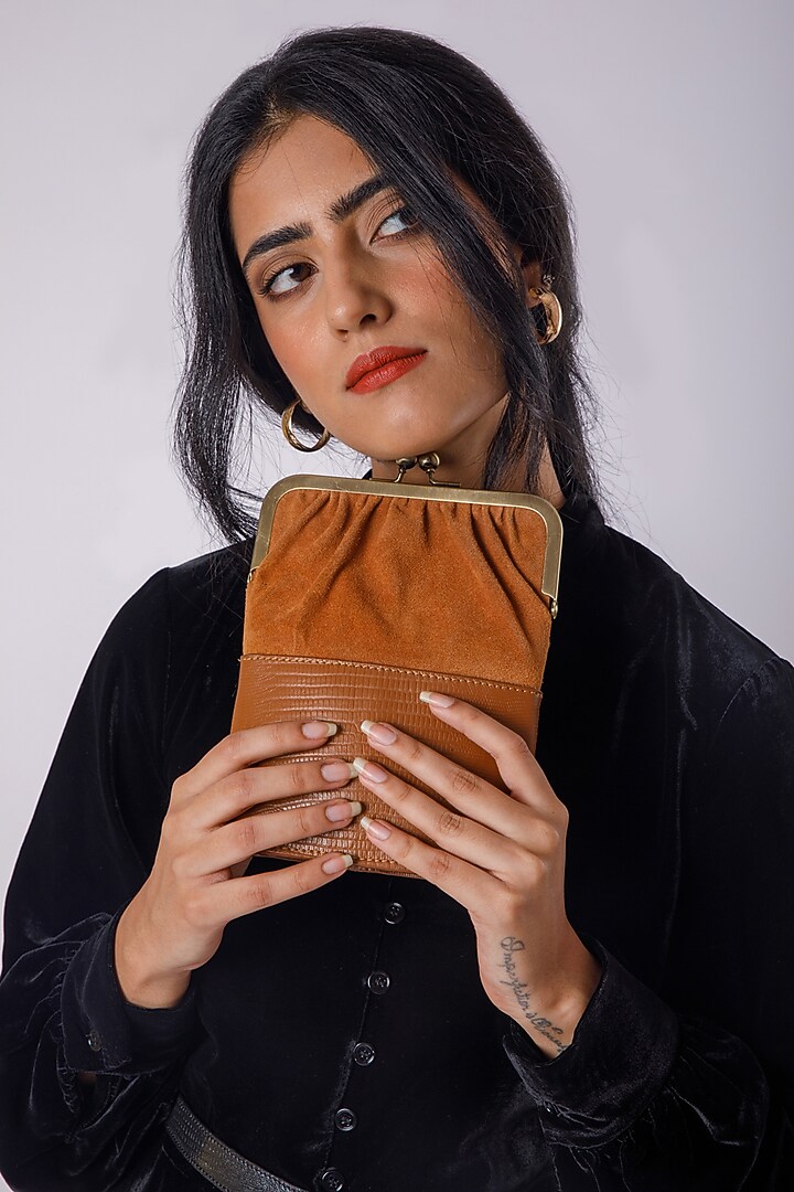 Brown Leather & Suede Printed Clutch by X FEET ABOVE at Pernia's Pop Up Shop