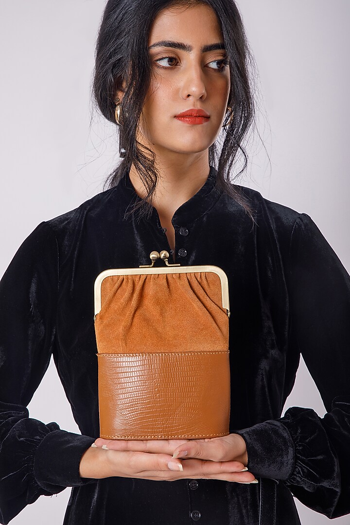 Brown Leather & Suede Printed Clutch by X FEET ABOVE at Pernia's Pop Up Shop