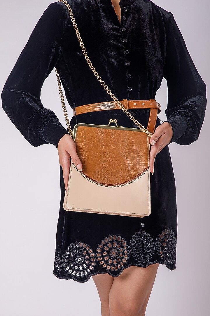 Beige Upcycled Leather Printed Clutch by X FEET ABOVE at Pernia's Pop Up Shop