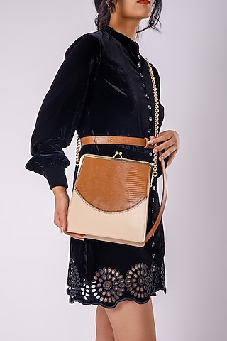 Beige Upcycled Leather Printed Clutch by X FEET ABOVE