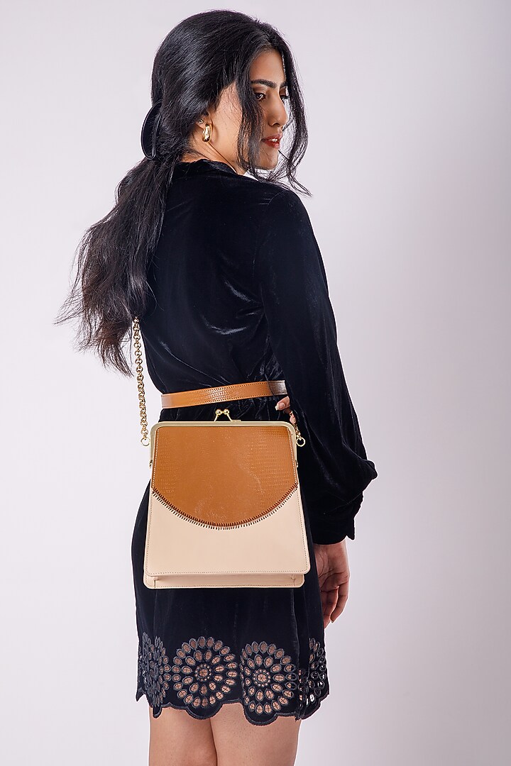 Beige Upcycled Leather Printed Clutch by X FEET ABOVE at Pernia's Pop Up Shop