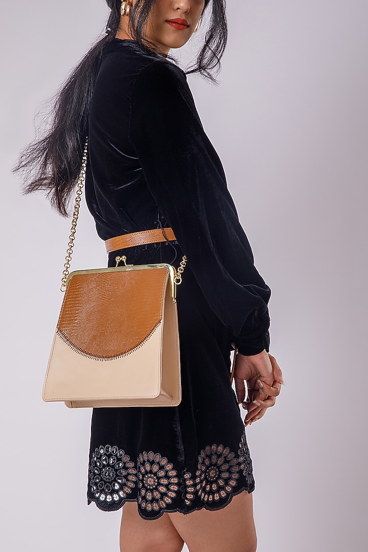 Beige Upcycled Leather Printed Clutch by X FEET ABOVE at Pernia's Pop Up Shop