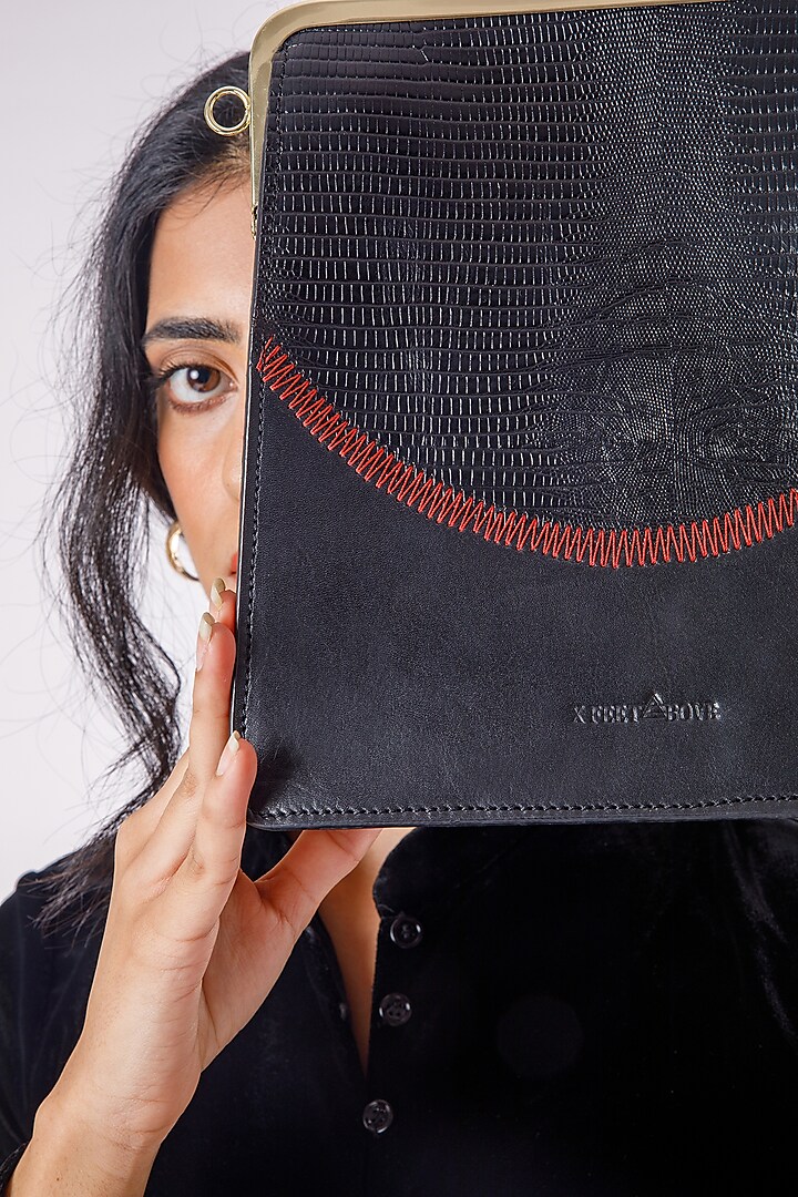 Black Upcycled Leather Printed Clutch by X FEET ABOVE