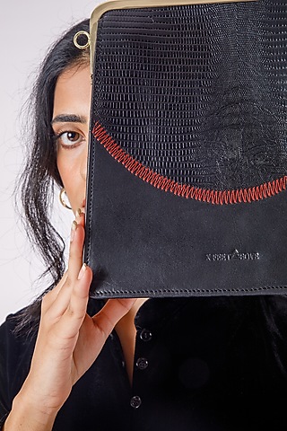 Black Upcycled Leather Printed Clutch by X FEET ABOVE