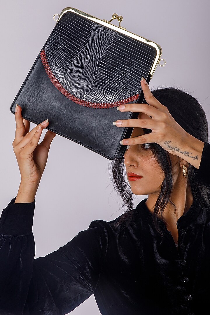 Black Upcycled Leather Printed Clutch by X FEET ABOVE at Pernia's Pop Up Shop