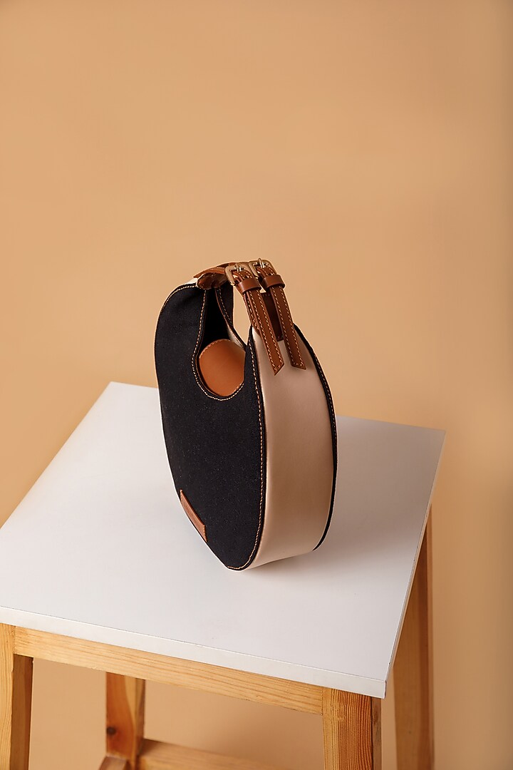 Black Upcycled Leather & Canvas Handbag by X FEET ABOVE at Pernia's Pop Up Shop