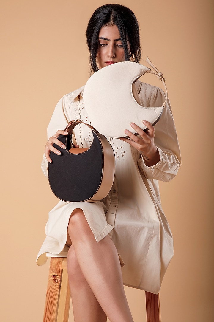 White Upcycled Leather & Canvas Hand Bag by X FEET ABOVE