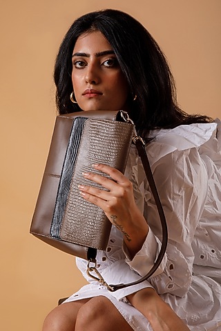 Taupe Upcycled Leather Hand Bag by X FEET ABOVE