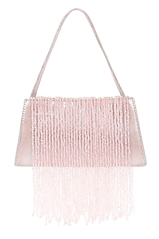 Pink Foiled Fabric Tasseled Hand Bag by X FEET ABOVE