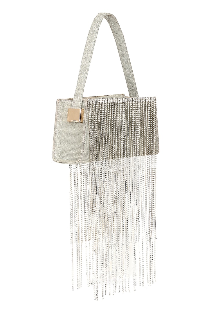 Silver Foiled Fabric Tasseled Hand Bag by X FEET ABOVE at Pernia's Pop Up Shop