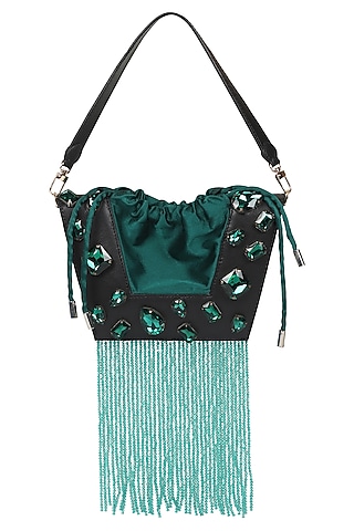 Black Full Grain Leather Crystal Stone Embellished Handcrafted Hand Bag by X FEET ABOVE