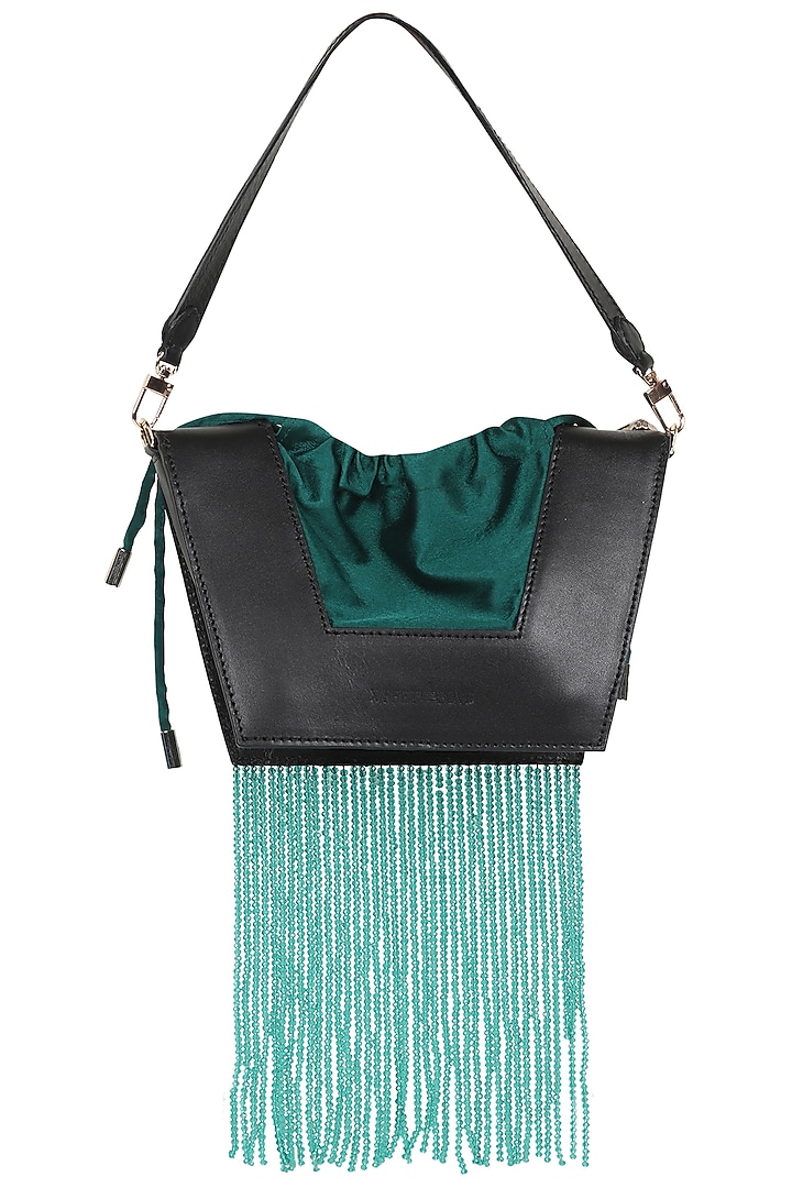 Black Full Grain Leather Crystal Stone Embellished Handcrafted Hand Bag by X FEET ABOVE at Pernia's Pop Up Shop