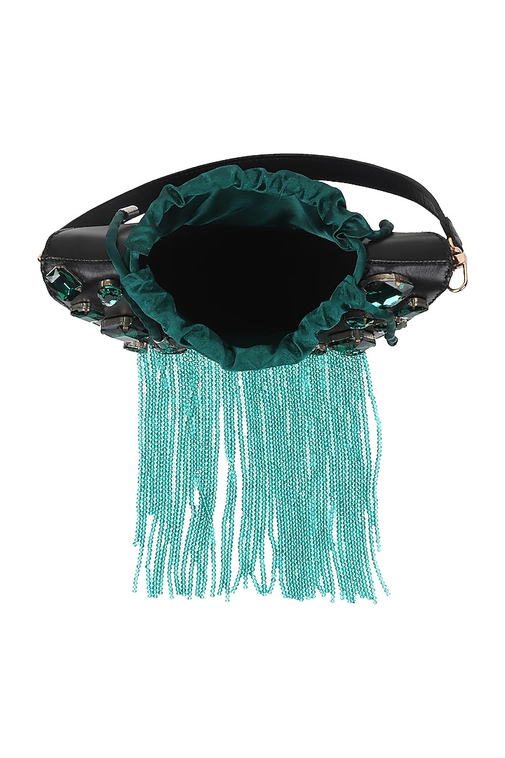 Black Full Grain Leather Crystal Stone Embellished Handcrafted Hand Bag by X FEET ABOVE at Pernia's Pop Up Shop