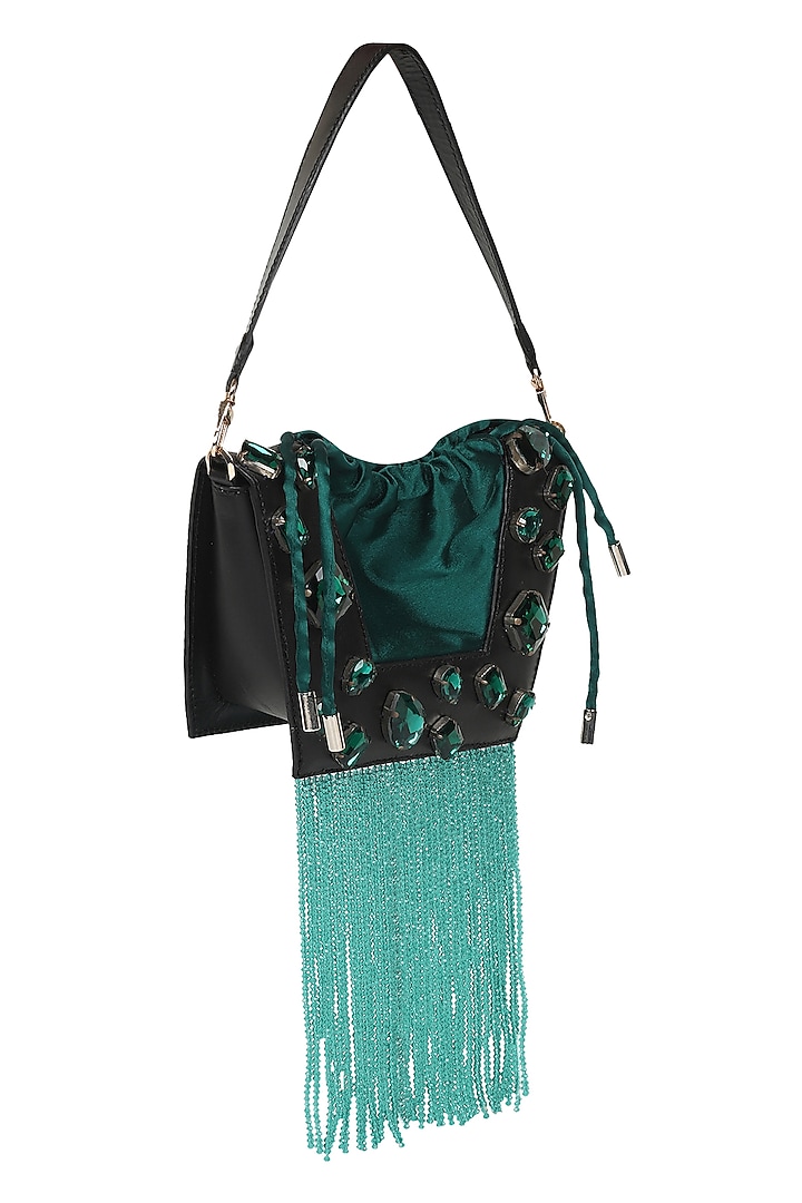 Black Full Grain Leather Crystal Stone Embellished Handcrafted Hand Bag by X FEET ABOVE at Pernia's Pop Up Shop