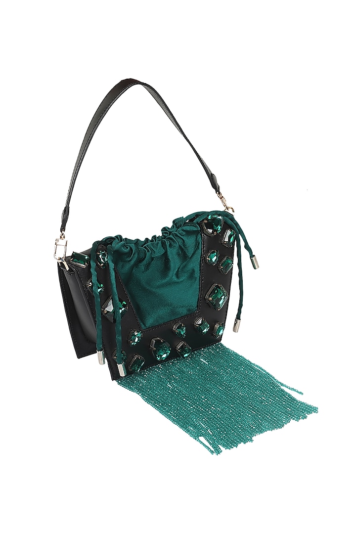 Black Full Grain Leather Crystal Stone Embellished Handcrafted Hand Bag by X FEET ABOVE at Pernia's Pop Up Shop