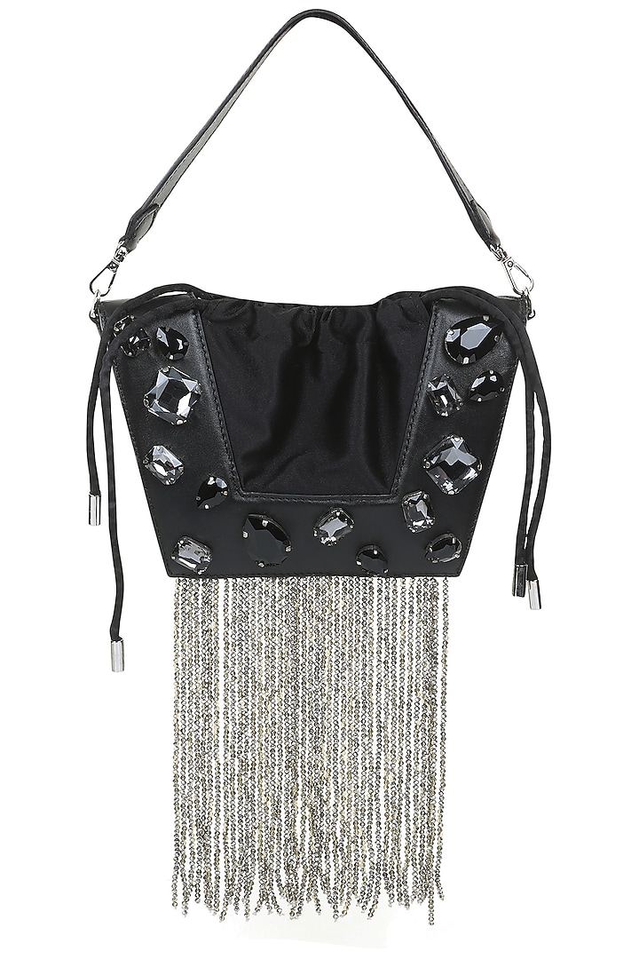 Black Full Grain Leather Crystal Stone Embellished Handcrafted Hand Bag by X FEET ABOVE