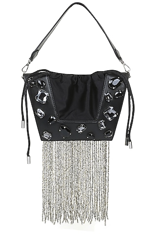 Black Full Grain Leather Crystal Stone Embellished Handcrafted Hand Bag by X FEET ABOVE