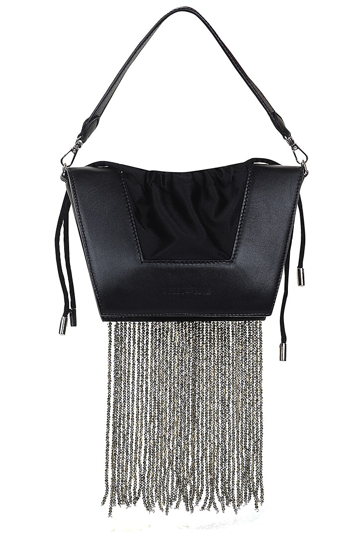 Black Full Grain Leather Crystal Stone Embellished Handcrafted Hand Bag by X FEET ABOVE at Pernia's Pop Up Shop