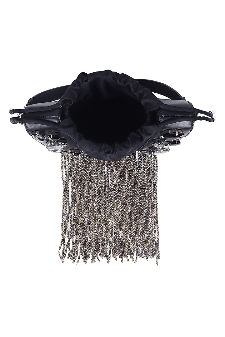 Black Full Grain Leather Crystal Stone Embellished Handcrafted Hand Bag by X FEET ABOVE at Pernia's Pop Up Shop