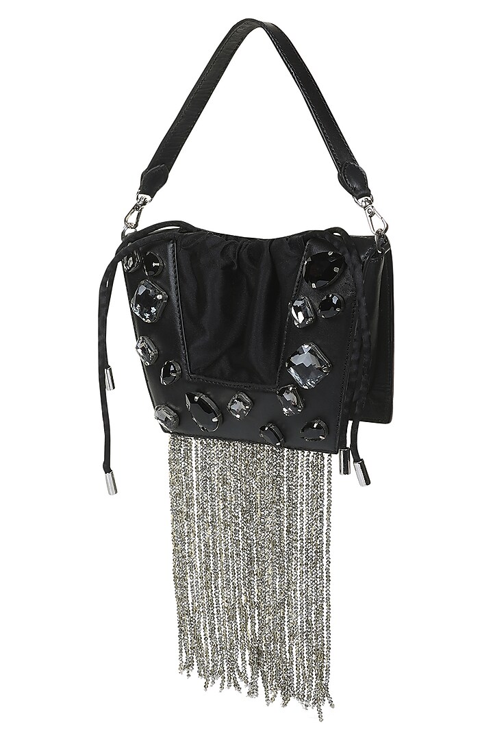 Black Full Grain Leather Crystal Stone Embellished Handcrafted Hand Bag by X FEET ABOVE at Pernia's Pop Up Shop