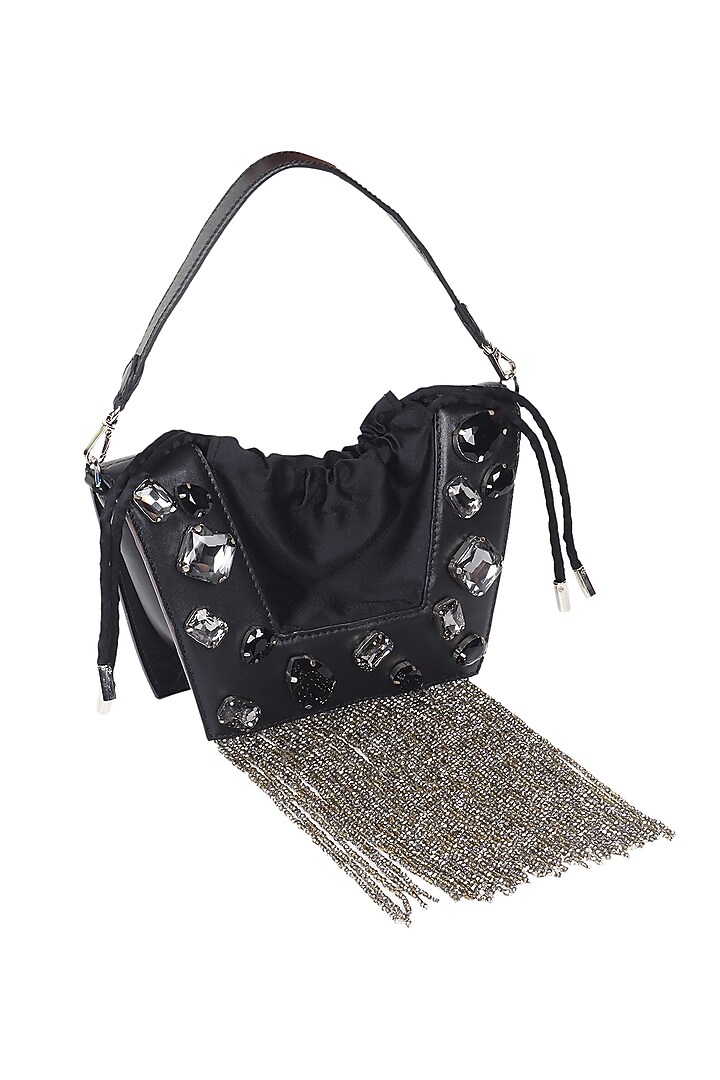 Black Full Grain Leather Crystal Stone Embellished Handcrafted Hand Bag by X FEET ABOVE at Pernia's Pop Up Shop