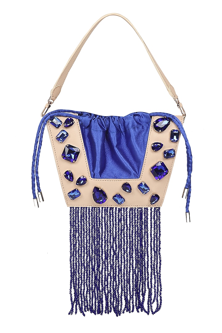 White & Blue Full Grain Leather Crystal Stone Embellished Handcrafted Hand Bag by X FEET ABOVE