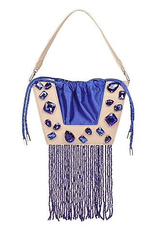 White & Blue Full Grain Leather Crystal Stone Embellished Handcrafted Hand Bag by X FEET ABOVE