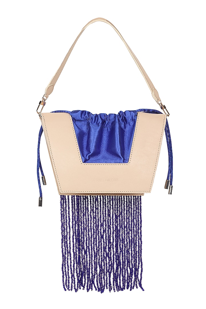 White & Blue Full Grain Leather Crystal Stone Embellished Handcrafted Hand Bag by X FEET ABOVE at Pernia's Pop Up Shop