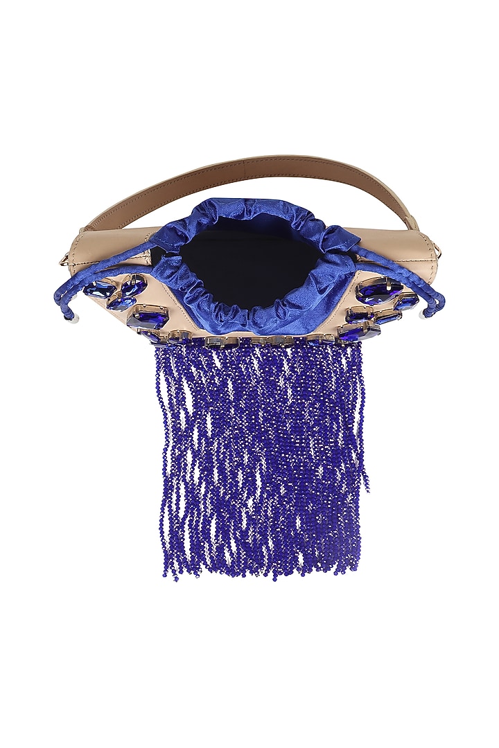White & Blue Full Grain Leather Crystal Stone Embellished Handcrafted Hand Bag by X FEET ABOVE at Pernia's Pop Up Shop