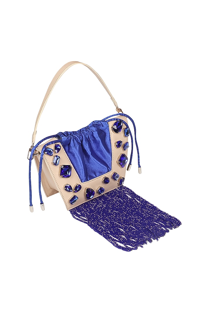 White & Blue Full Grain Leather Crystal Stone Embellished Handcrafted Hand Bag by X FEET ABOVE at Pernia's Pop Up Shop