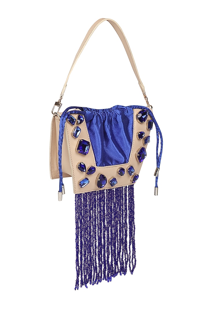 White & Blue Full Grain Leather Crystal Stone Embellished Handcrafted Hand Bag by X FEET ABOVE at Pernia's Pop Up Shop