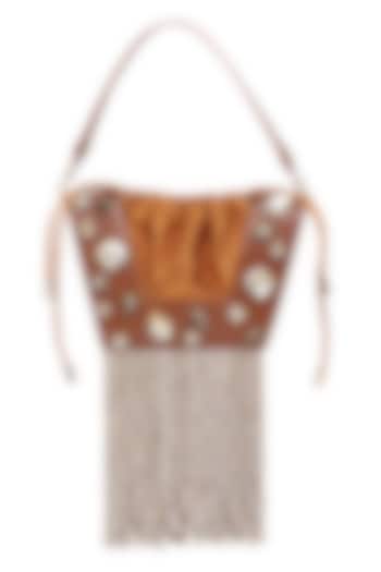 Brown Full Grain Leather Crystal Stone Embellished Handcrafted Hand Bag by X FEET ABOVE
