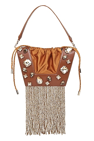 Brown Full Grain Leather Crystal Stone Embellished Handcrafted Hand Bag by X FEET ABOVE