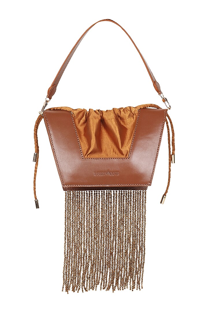 Brown Full Grain Leather Crystal Stone Embellished Handcrafted Hand Bag by X FEET ABOVE at Pernia's Pop Up Shop