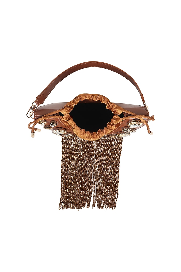 Brown Full Grain Leather Crystal Stone Embellished Handcrafted Hand Bag by X FEET ABOVE at Pernia's Pop Up Shop