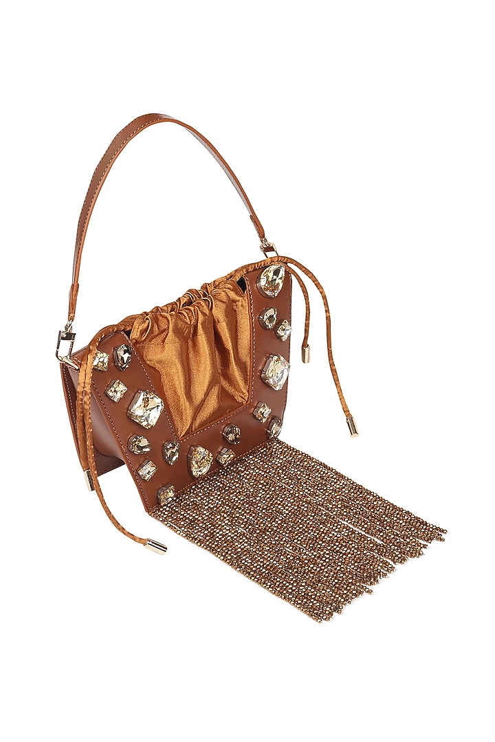 Brown Full Grain Leather Crystal Stone Embellished Handcrafted Hand Bag by X FEET ABOVE at Pernia's Pop Up Shop