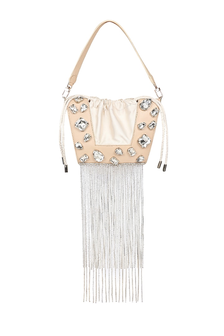 White Full Grain Leather Crystal Stone Embellished Handcrafted Hand Bag by X FEET ABOVE