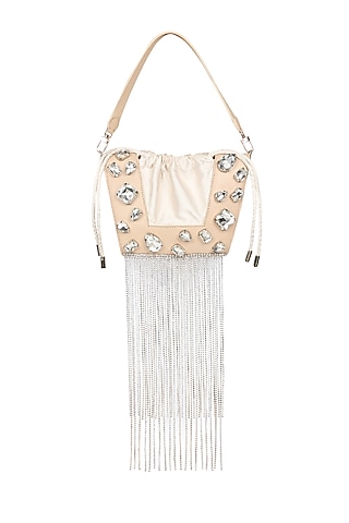 White Full Grain Leather Crystal Stone Embellished Handcrafted Hand Bag by X FEET ABOVE