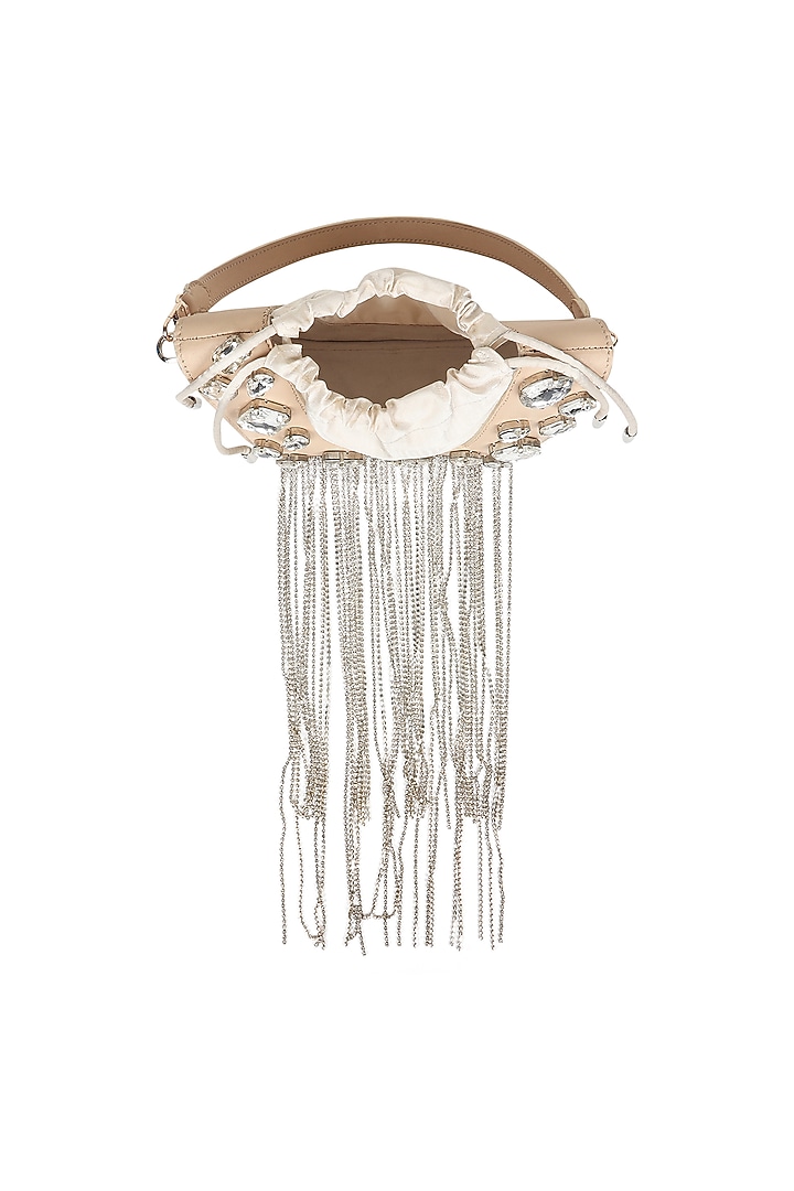 White Full Grain Leather Crystal Stone Embellished Handcrafted Hand Bag by X FEET ABOVE at Pernia's Pop Up Shop