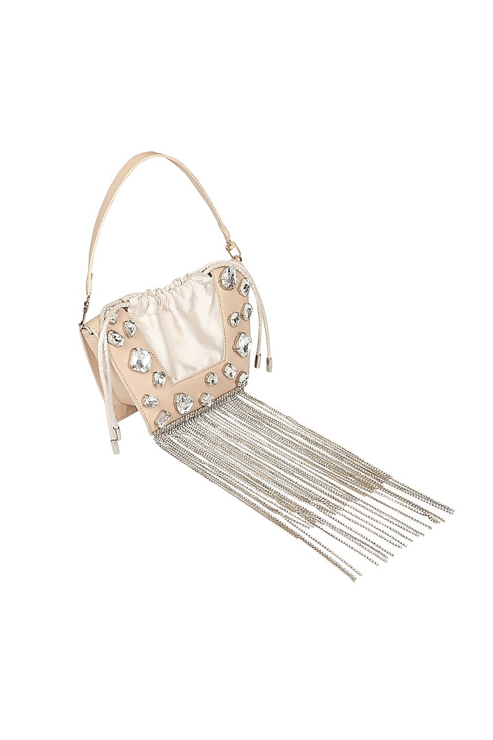 White Full Grain Leather Crystal Stone Embellished Handcrafted Hand Bag by X FEET ABOVE at Pernia's Pop Up Shop