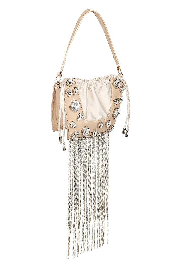 White Full Grain Leather Crystal Stone Embellished Handcrafted Hand Bag by X FEET ABOVE at Pernia's Pop Up Shop