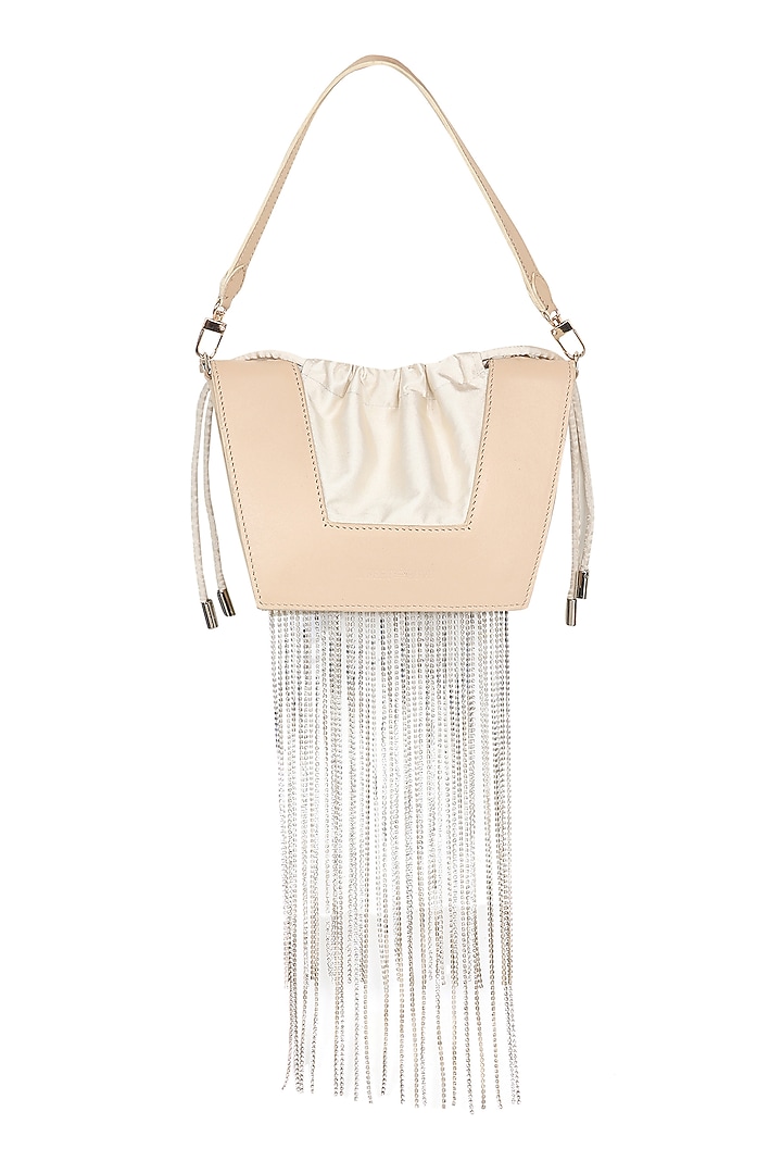 White Full Grain Leather Crystal Stone Embellished Handcrafted Hand Bag by X FEET ABOVE at Pernia's Pop Up Shop